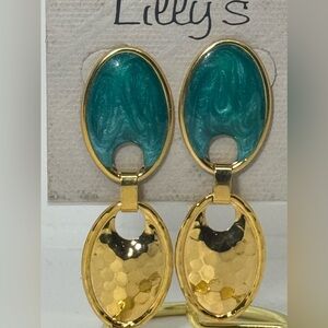 Vintage Lilly’s Green & Gold Enamel Geometric Double Oval Dangle Earrings